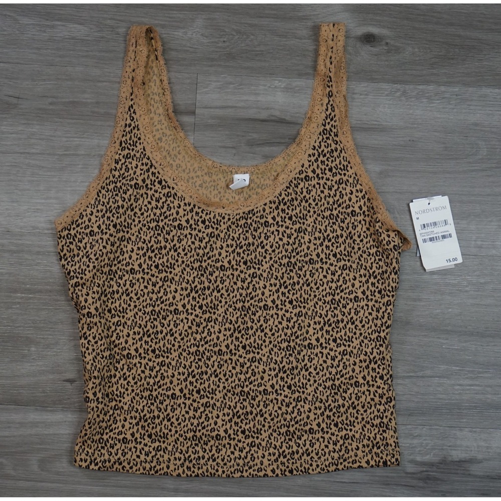 New BP Women's Medium Lace Trim Cheetah Print Lightweight Chiffon Crop Top Tan